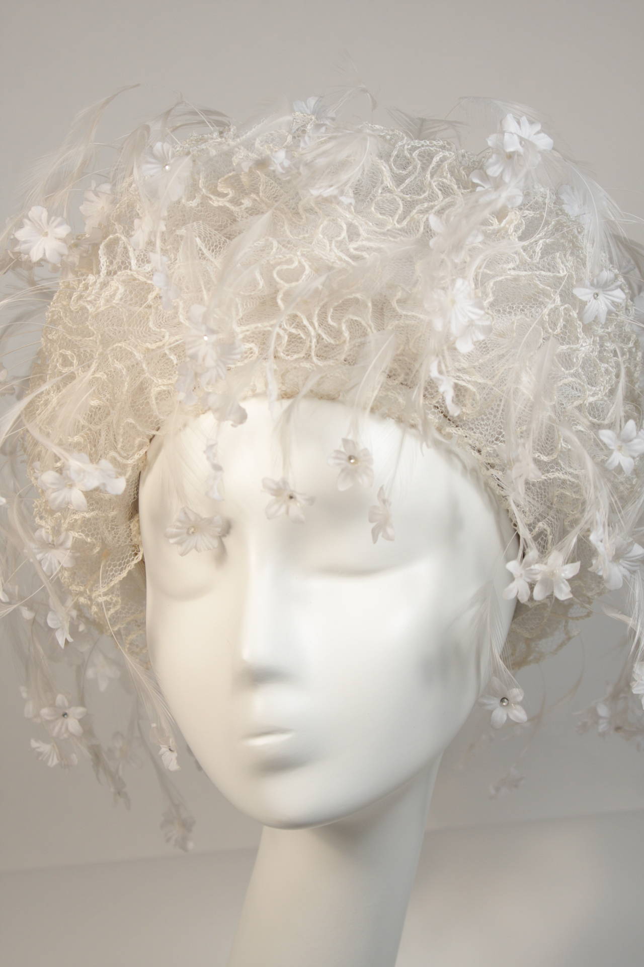 Gray Jack McConnell White Floral and Feather Hat with Rhinestones