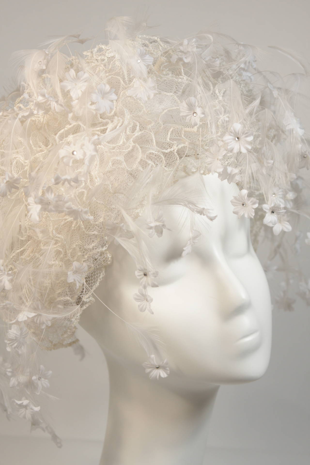 Jack McConnell White Floral and Feather Hat with Rhinestones In Excellent Condition In Los Angeles, CA
