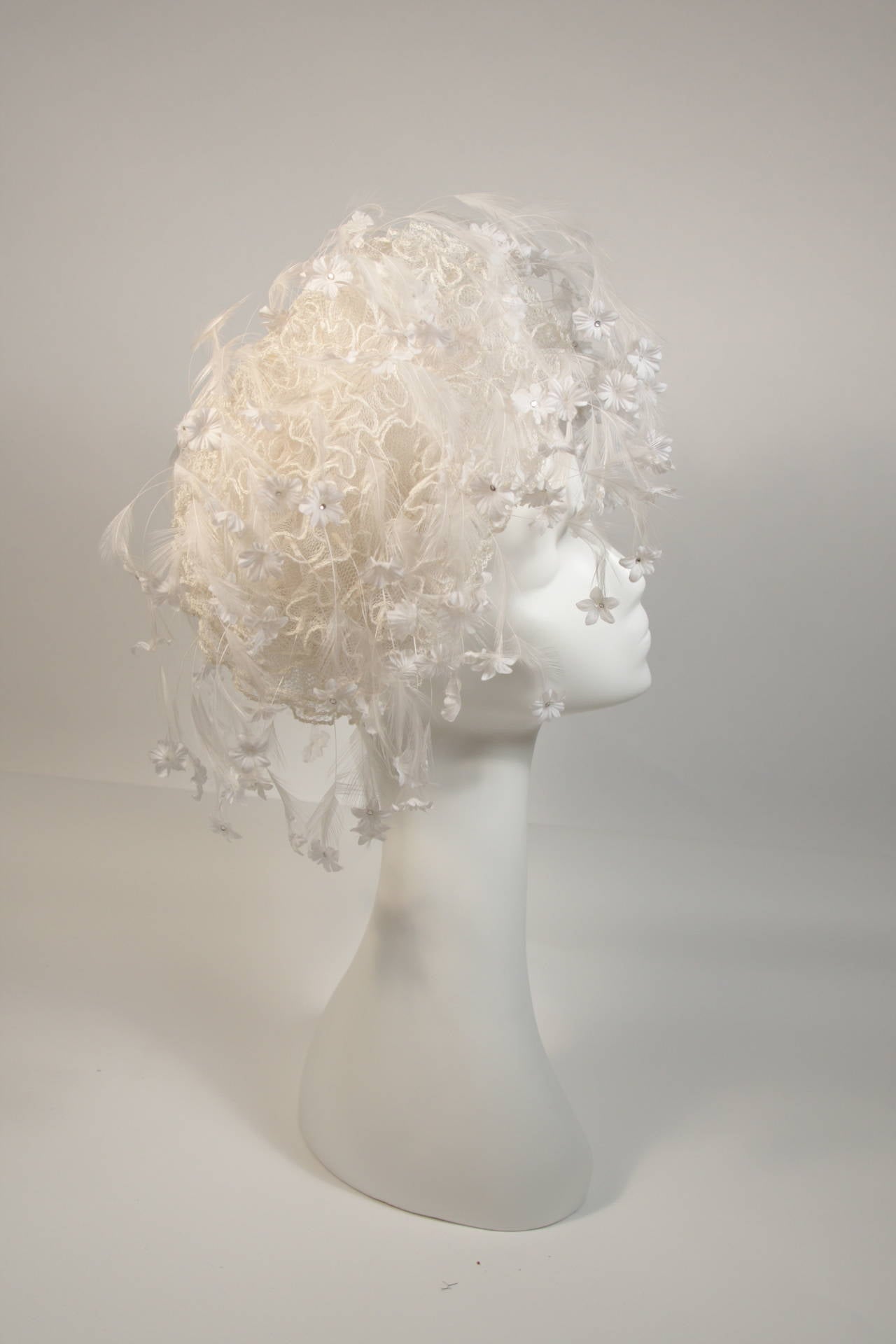 Jack McConnell White Floral and Feather Hat with Rhinestones 1