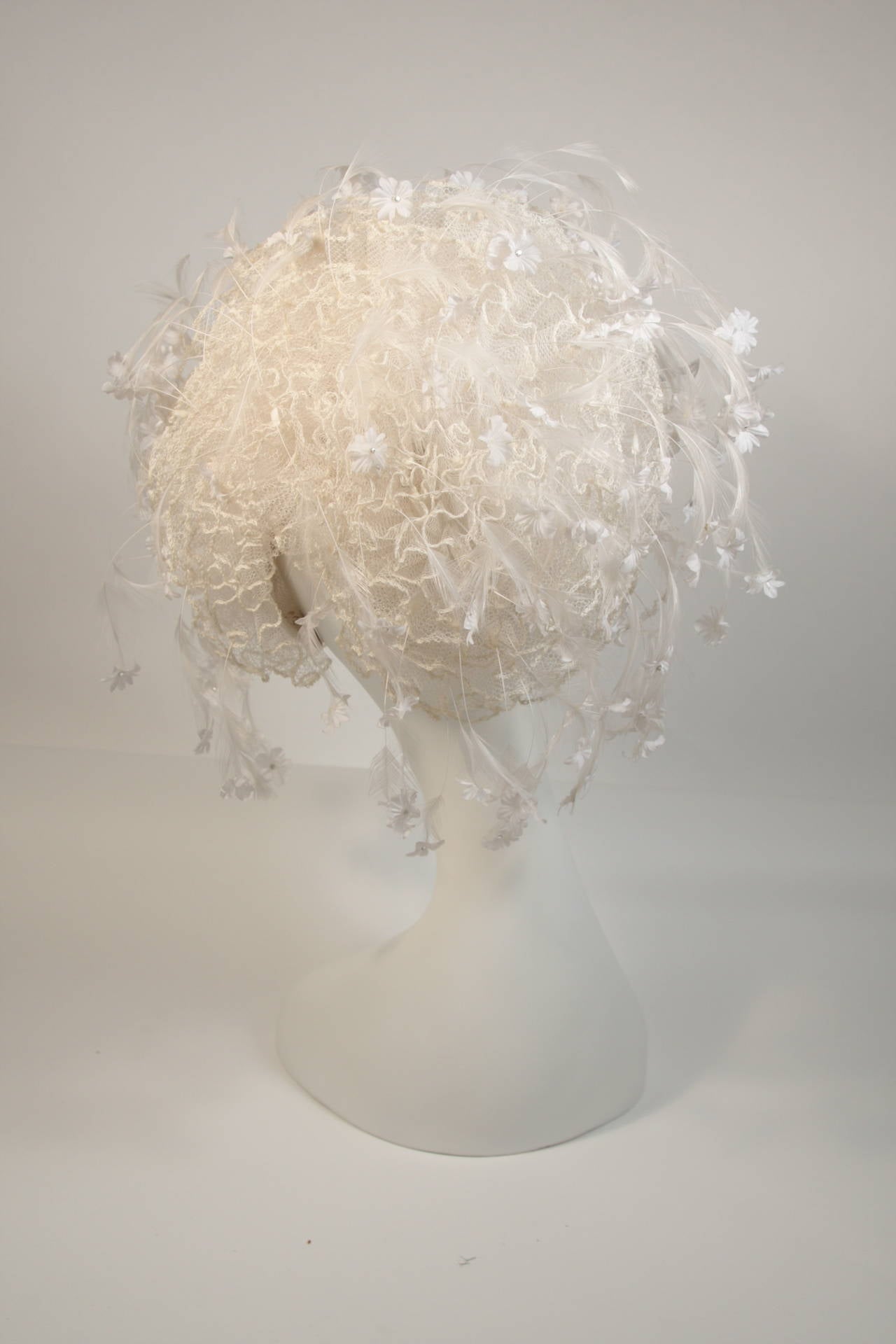 Jack McConnell White Floral and Feather Hat with Rhinestones 3