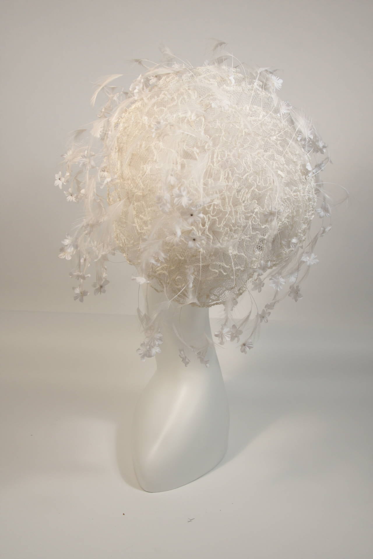 Jack McConnell White Floral and Feather Hat with Rhinestones 2