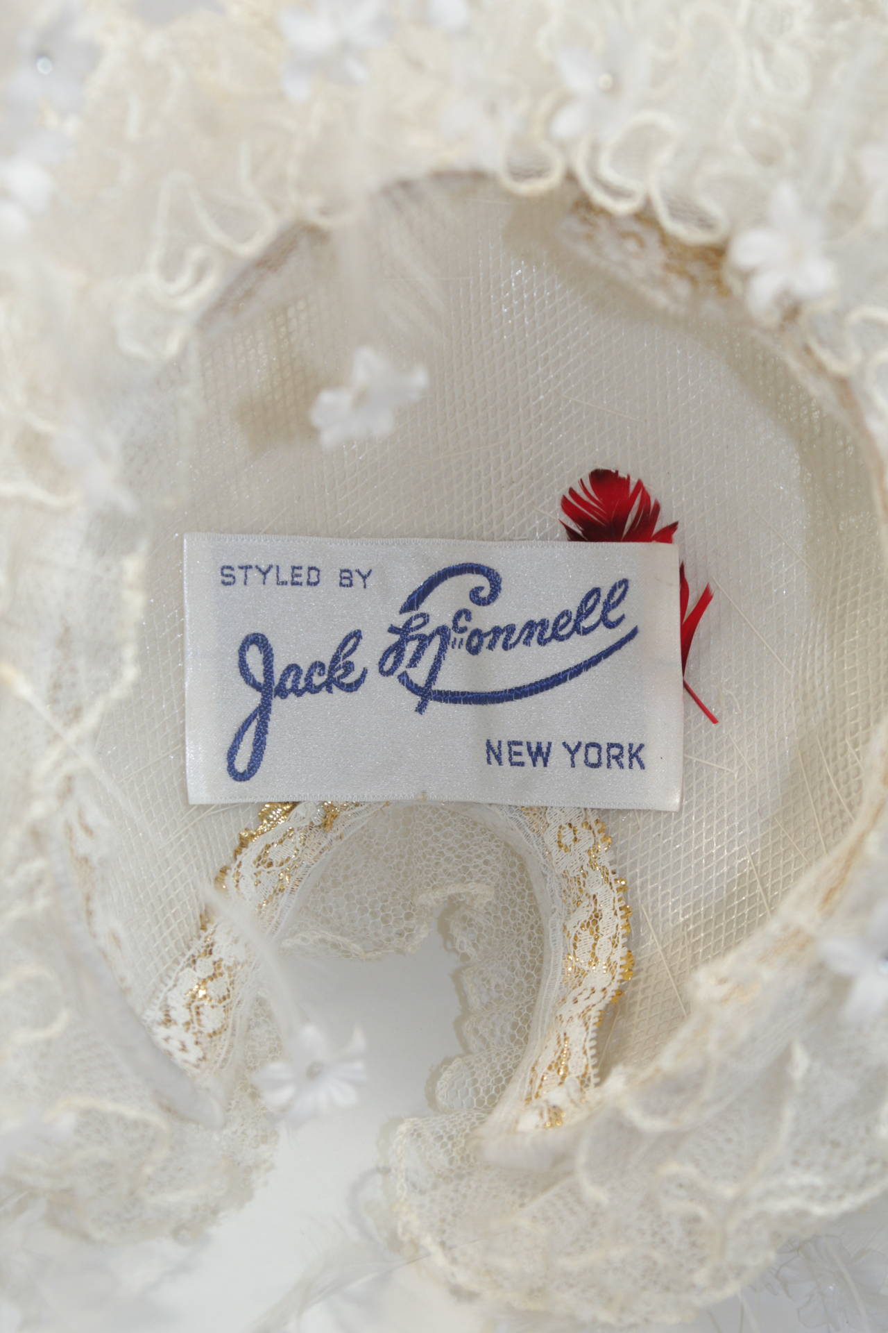 Jack McConnell White Floral and Feather Hat with Rhinestones 4