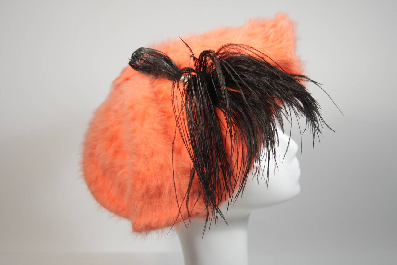Esther Bright Orange Fur Clam Shape Hat with Black Feather and Rhinestones In Excellent Condition For Sale In Los Angeles, CA