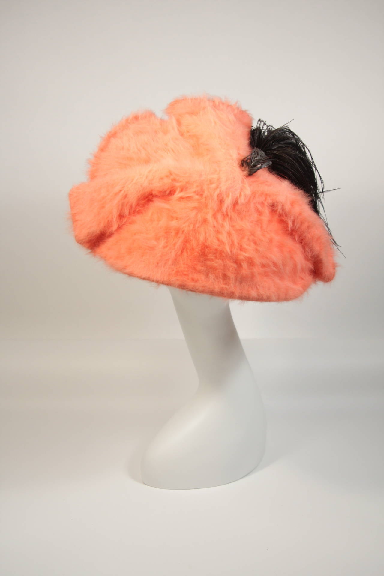 Esther Bright Orange Fur Clam Shape Hat with Black Feather and Rhinestones For Sale 1