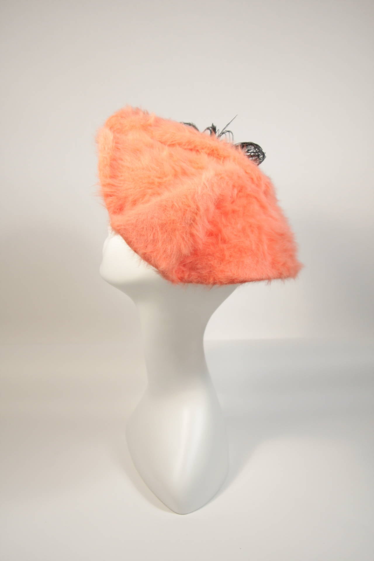 Esther Bright Orange Fur Clam Shape Hat with Black Feather and Rhinestones For Sale 2