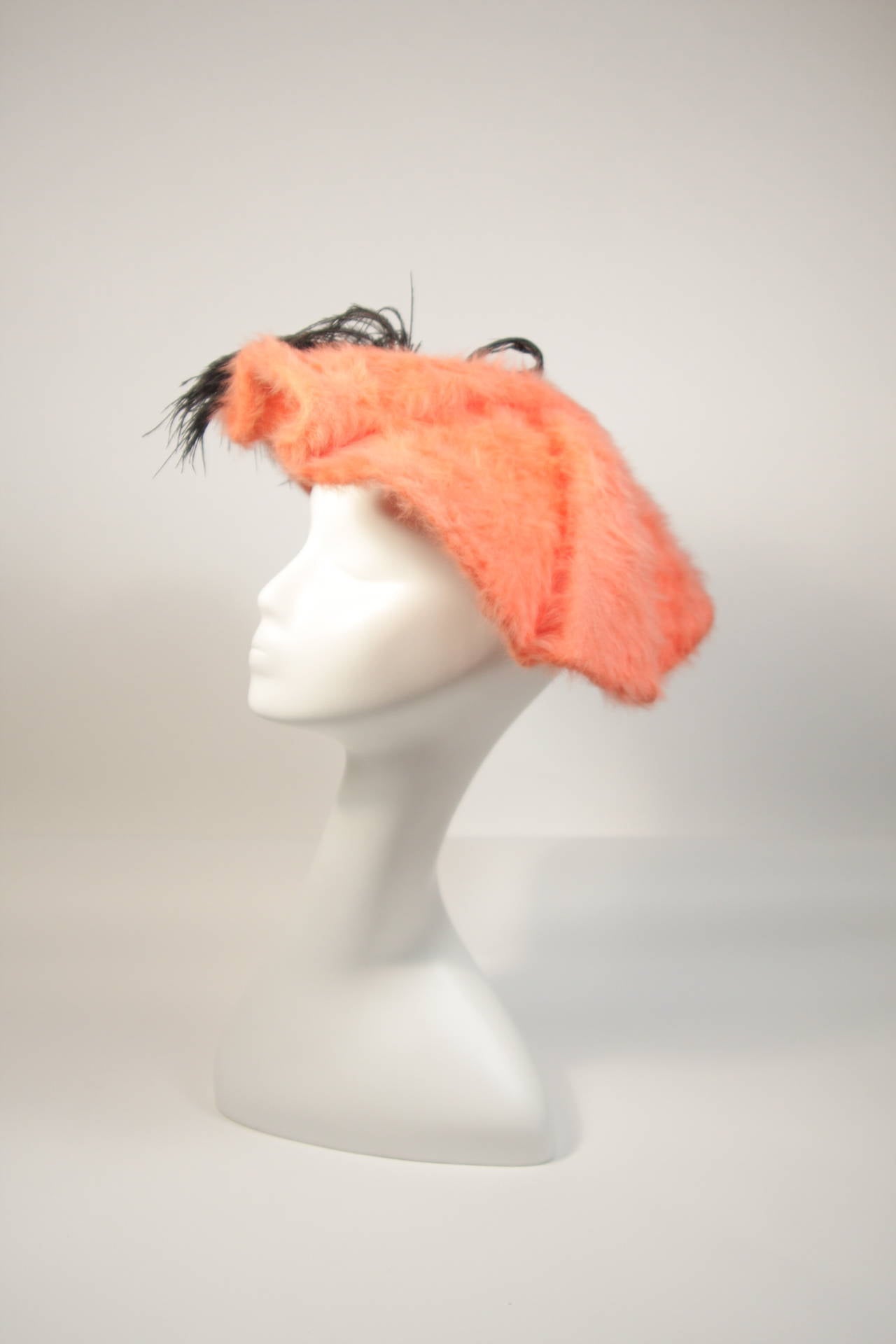 Men's Esther Bright Orange Fur Clam Shape Hat with Black Feather and Rhinestones For Sale