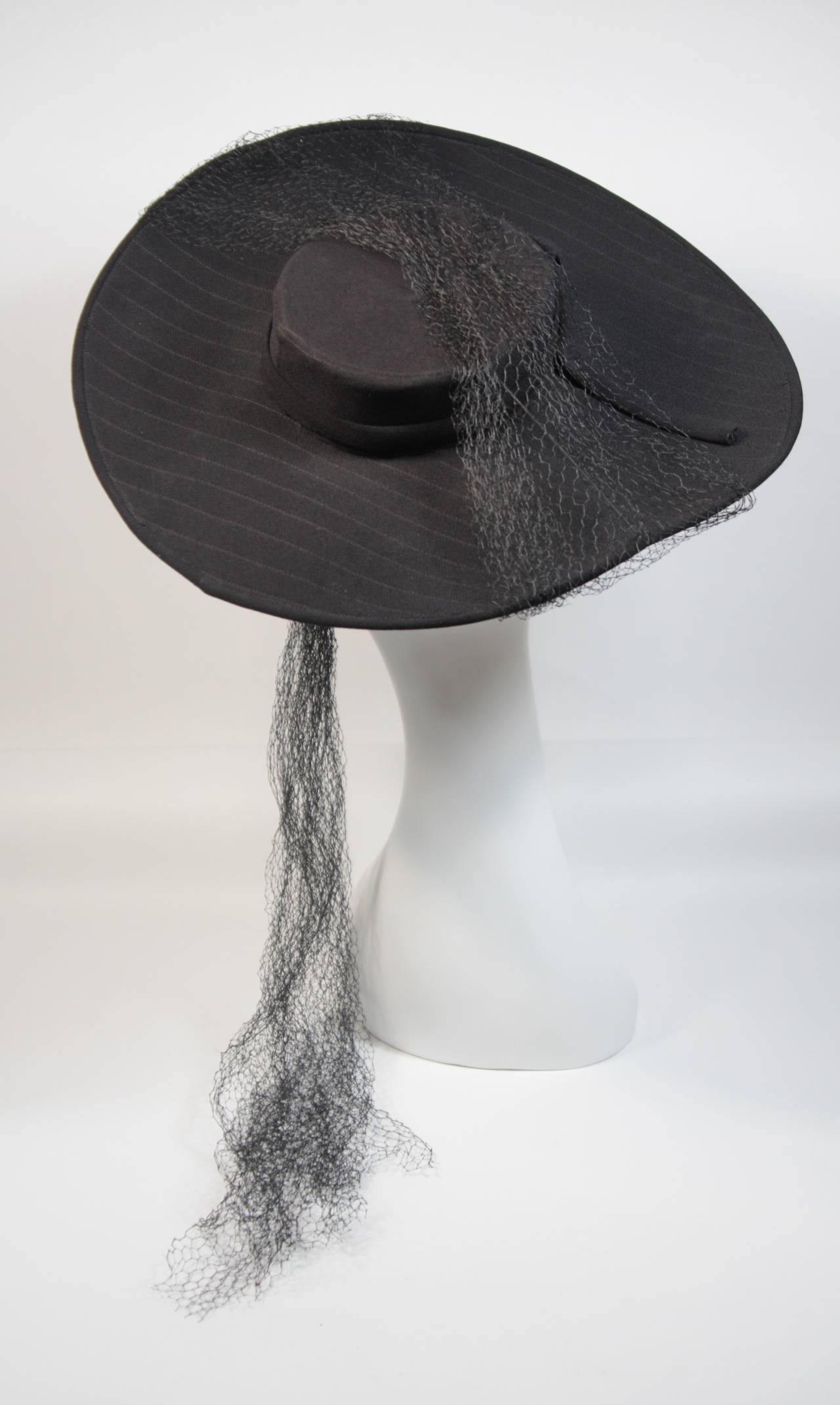 Yvonne California Black Pin Stripe Hat with Bow and Mesh Detail For Sale 1