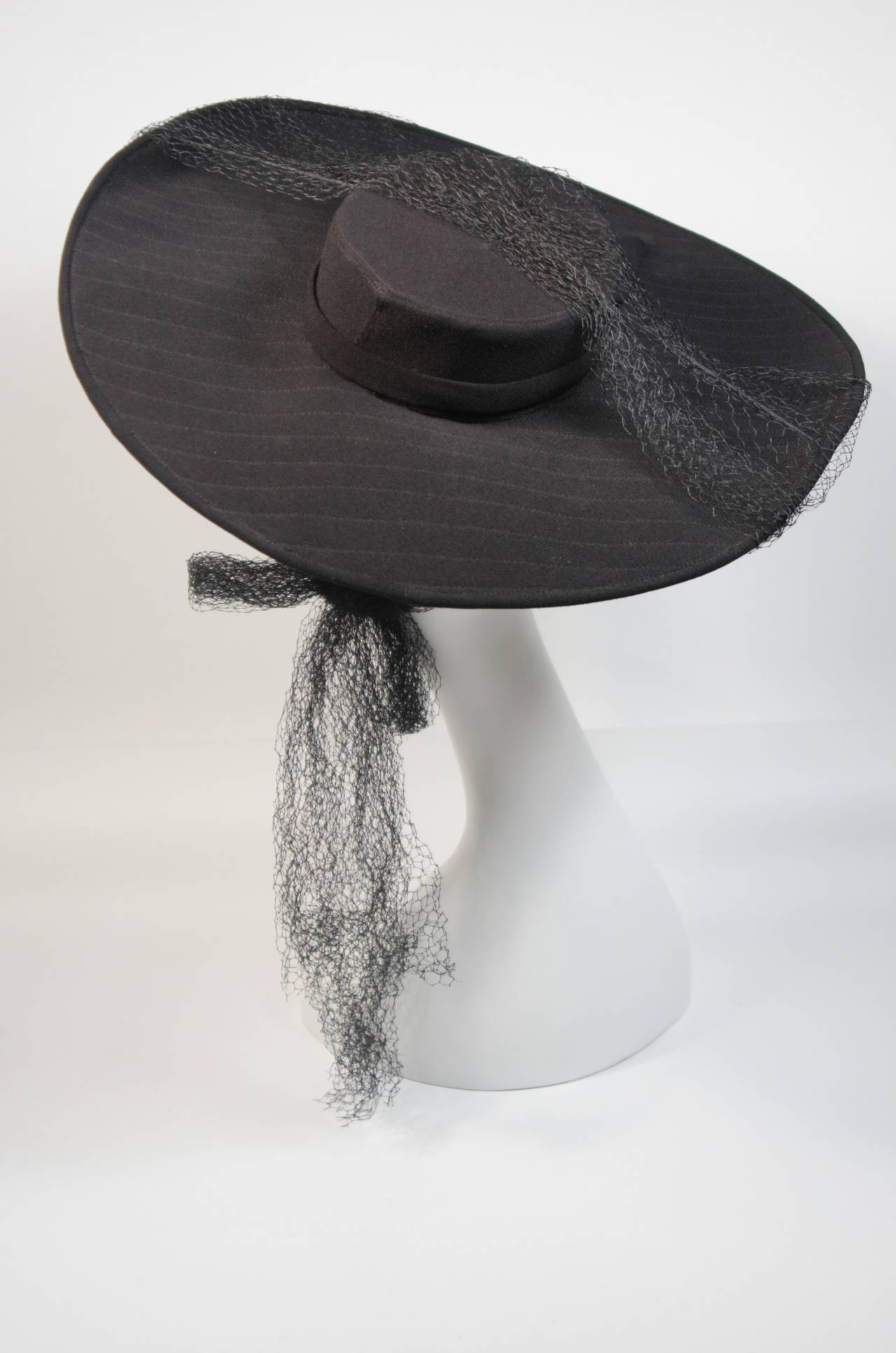 Yvonne California Black Pin Stripe Hat with Bow and Mesh Detail For Sale 2