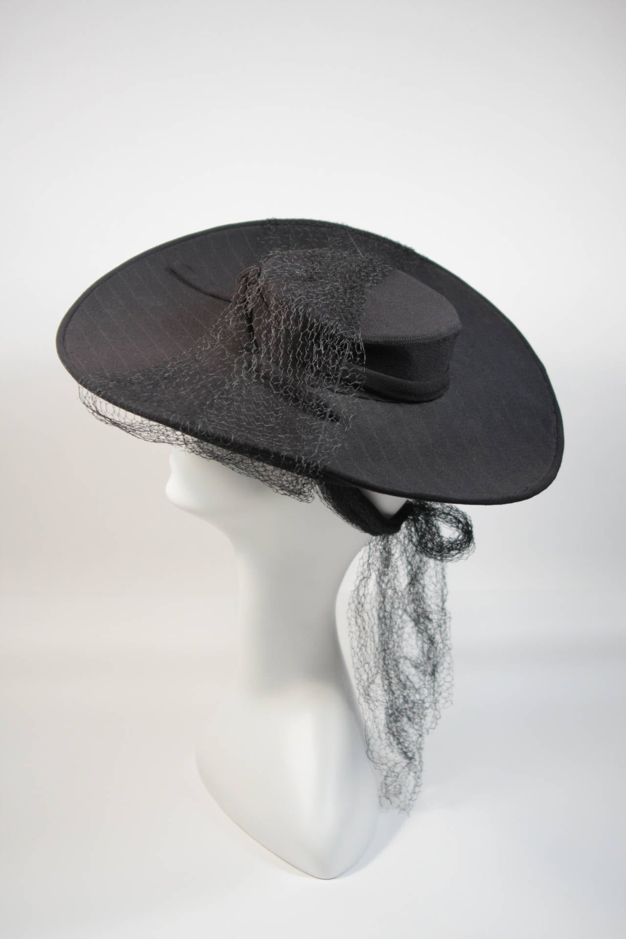 Yvonne California Black Pin Stripe Hat with Bow and Mesh Detail For Sale 3