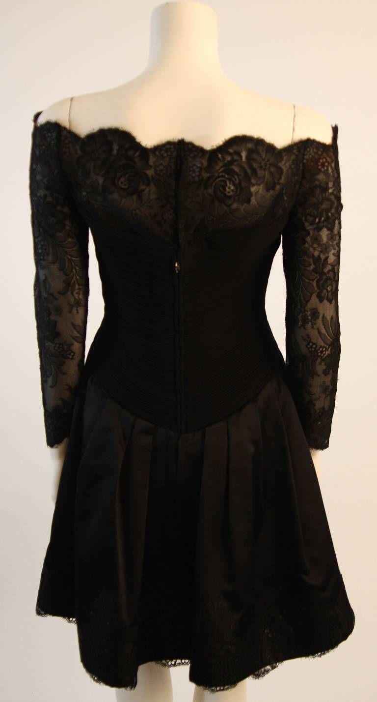 Vera Wang Black Off the Shoulder Silk Cocktail Dress with 3/4 Lace Sleeves  For Sale at 1stDibs