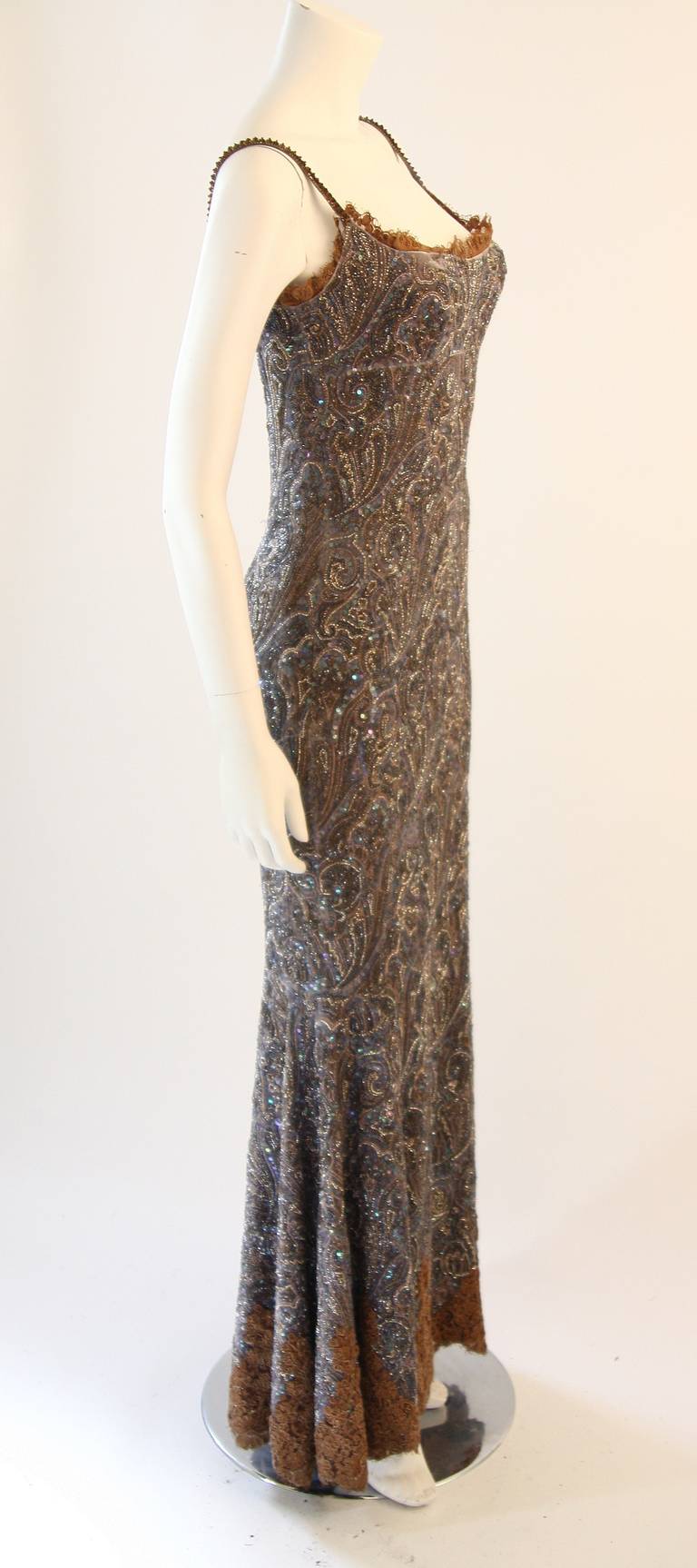 De las mujeres RANDI RAHM COUTURE Vestido Paisley de terciopelo con lentejuelas y cuentas a mano morado Talla 4-6 en venta