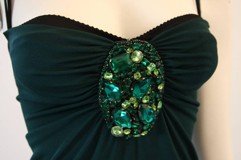Dolce and Gabbana Green Jersey Dress with Rhinestones Size 44 In Excellent Condition In Los Angeles, CA