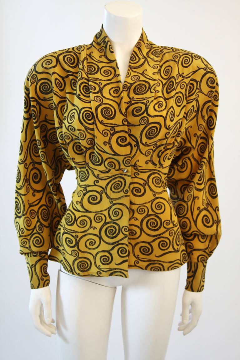 Gianni Versace Mustard Yellow Blouse with Plunge Neckline Size 38
