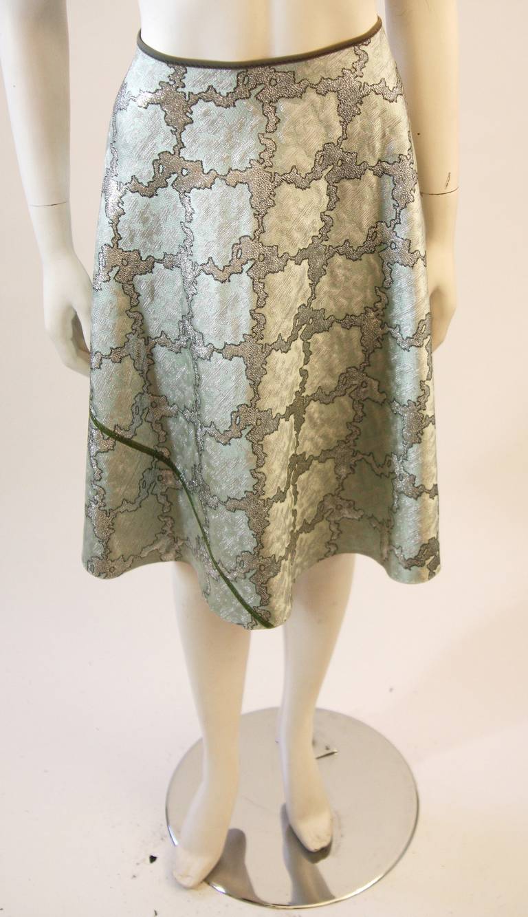 Prada Aqua Mint and Metallic Flare Skirt Size 44 In Excellent Condition In Los Angeles, CA