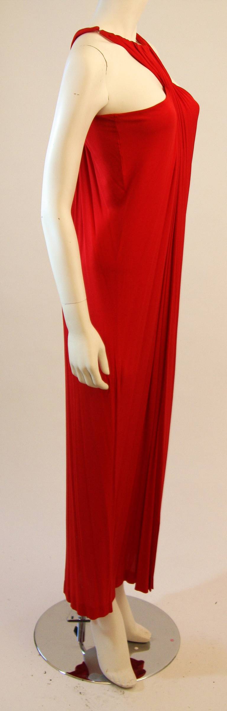 Gorgeous Red Jersey Dress with Gathers and Racer Style Halter In Excellent Condition For Sale In Los Angeles, CA
