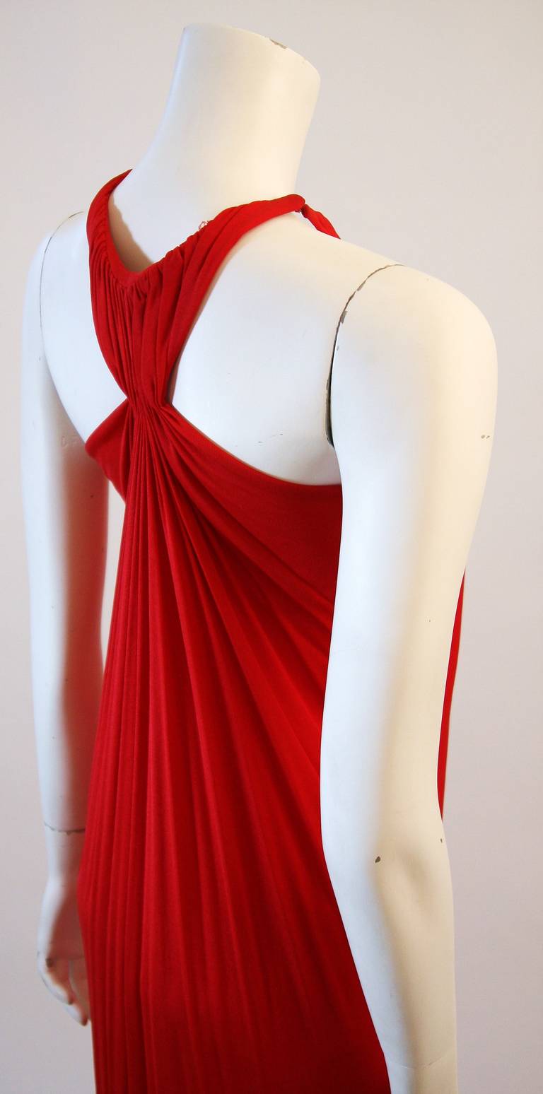 Gorgeous Red Jersey Dress with Gathers and Racer Style Halter For Sale 1