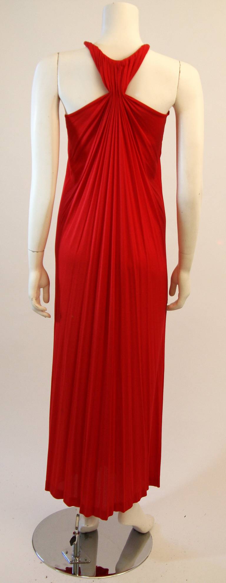 Gorgeous Red Jersey Dress with Gathers and Racer Style Halter For Sale 2