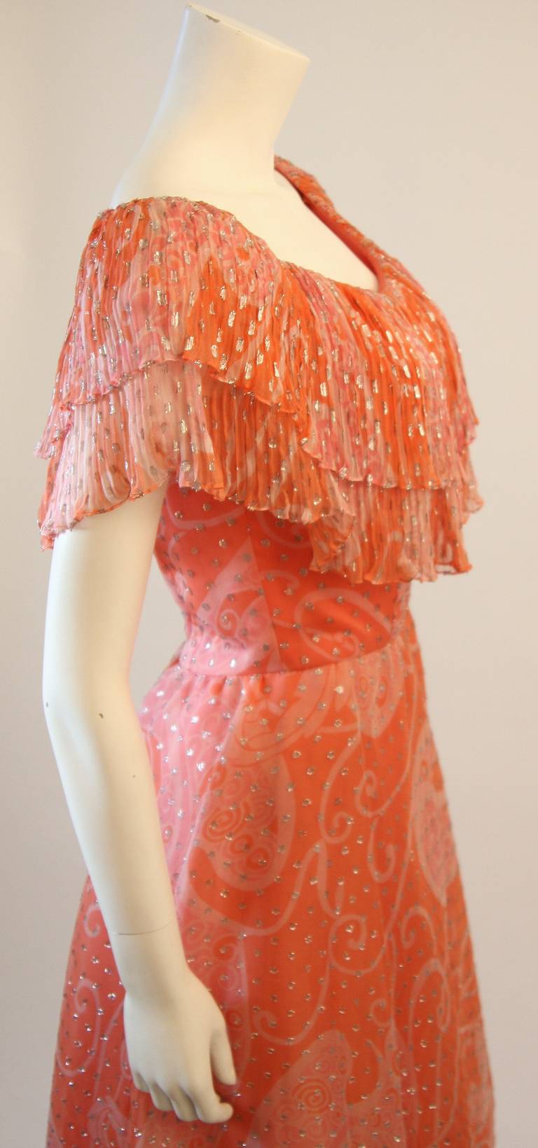 Orange Diane Dickerson Coral Chiffon Dress with Ruffle Size 6 For Sale