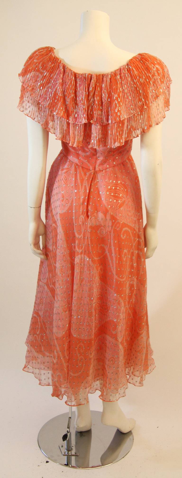 Women's Diane Dickerson Coral Chiffon Dress with Ruffle Size 6 For Sale