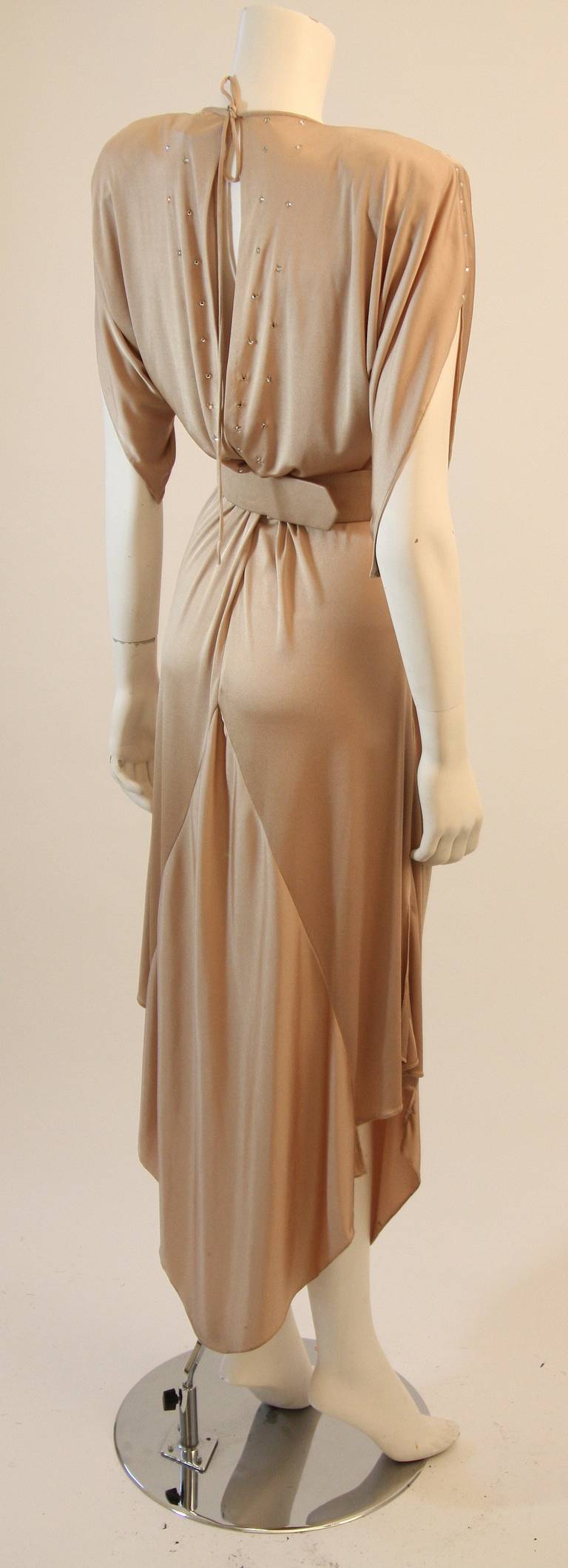 Birgitta Champagne Jersey Dress with Rhinestones and Belt In Excellent Condition In Los Angeles, CA