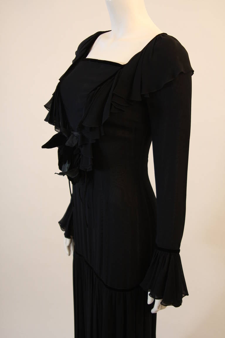 Black Dolce and Gabbana Silk and Velvet Trim Dress with Floral Detail Size 40