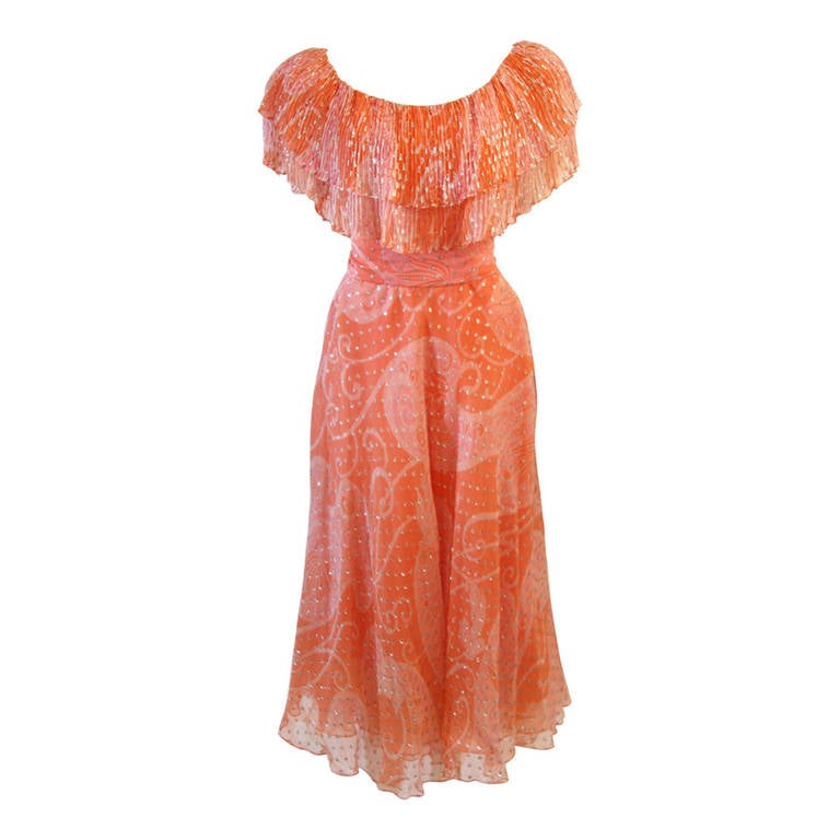 Diane Dickerson Coral Chiffon Dress with Ruffle Size 6 For Sale