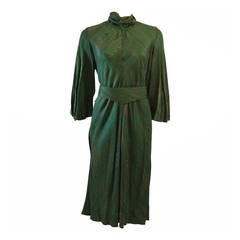 Pauline Trigere Green and Copper Water rmarble Print Silk Dress with Belt