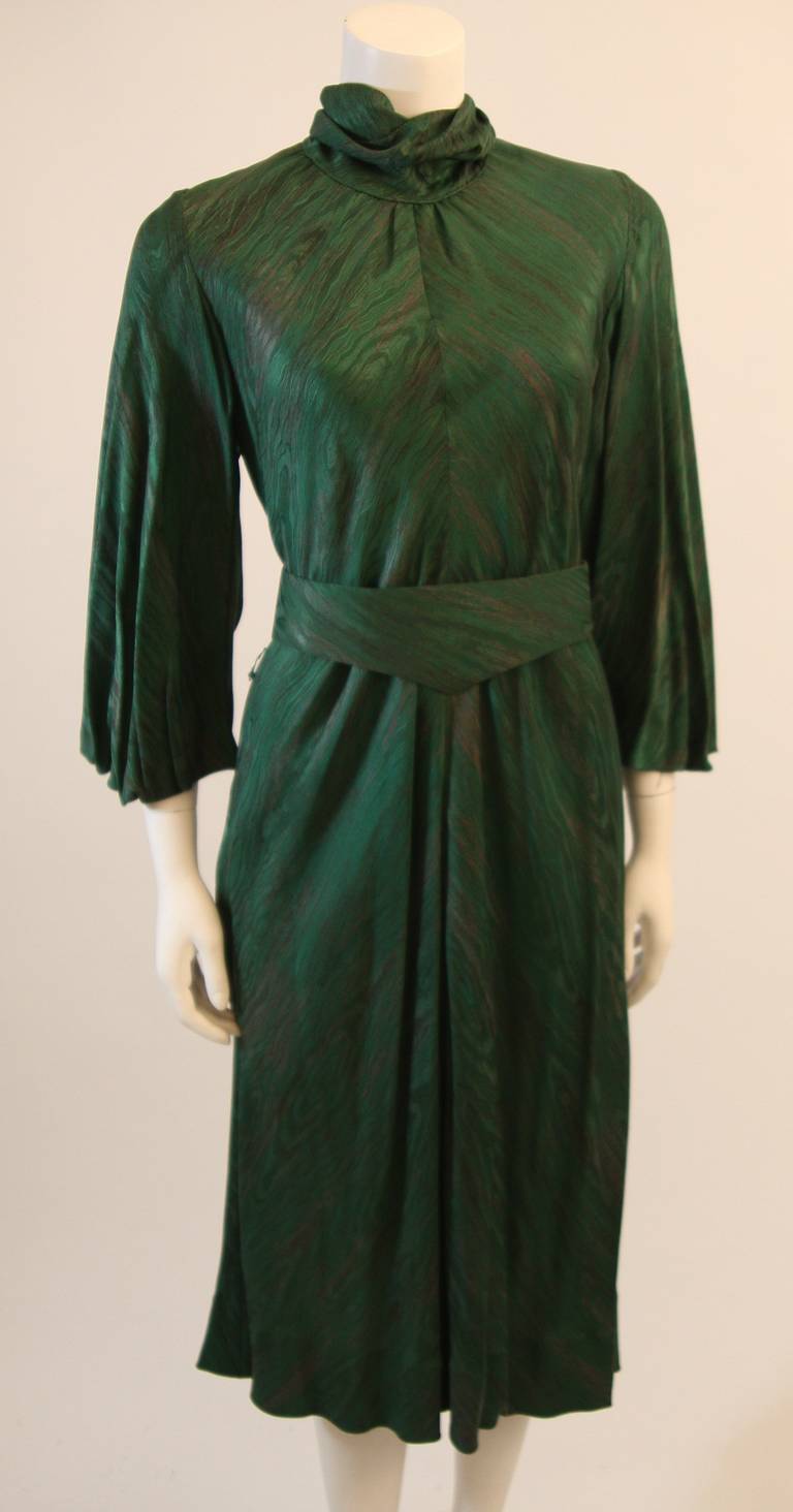 Pauline Trigere Green and Copper Water rmarble Print Silk Dress with Belt