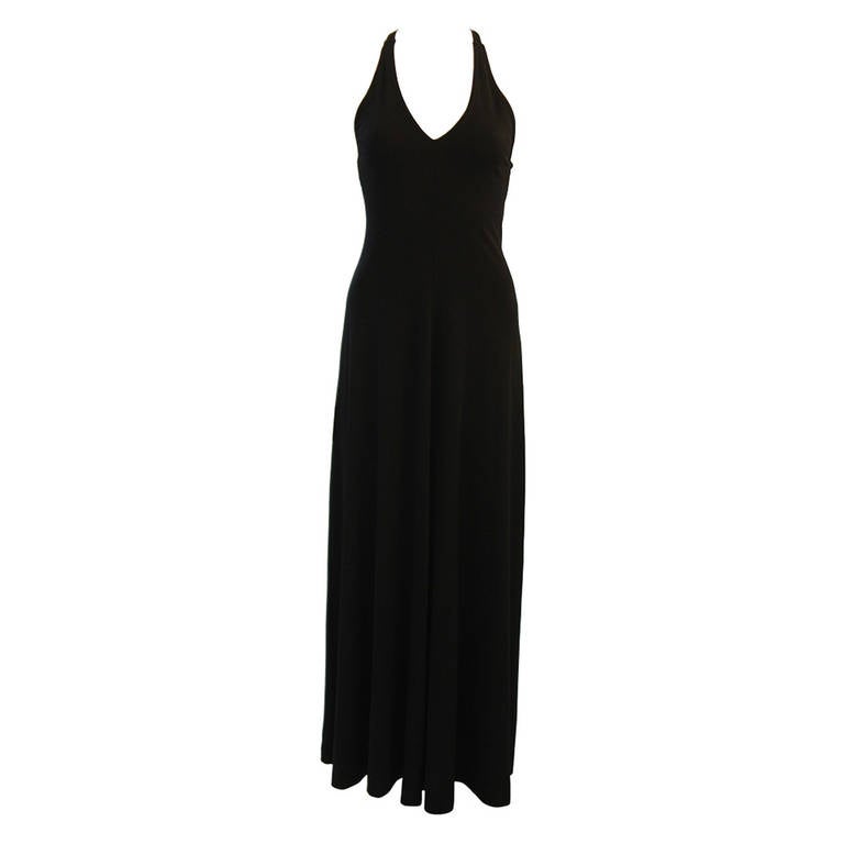 1970's Ruffinwear Black Jersey Racer Halter Maxi Dress For Sale