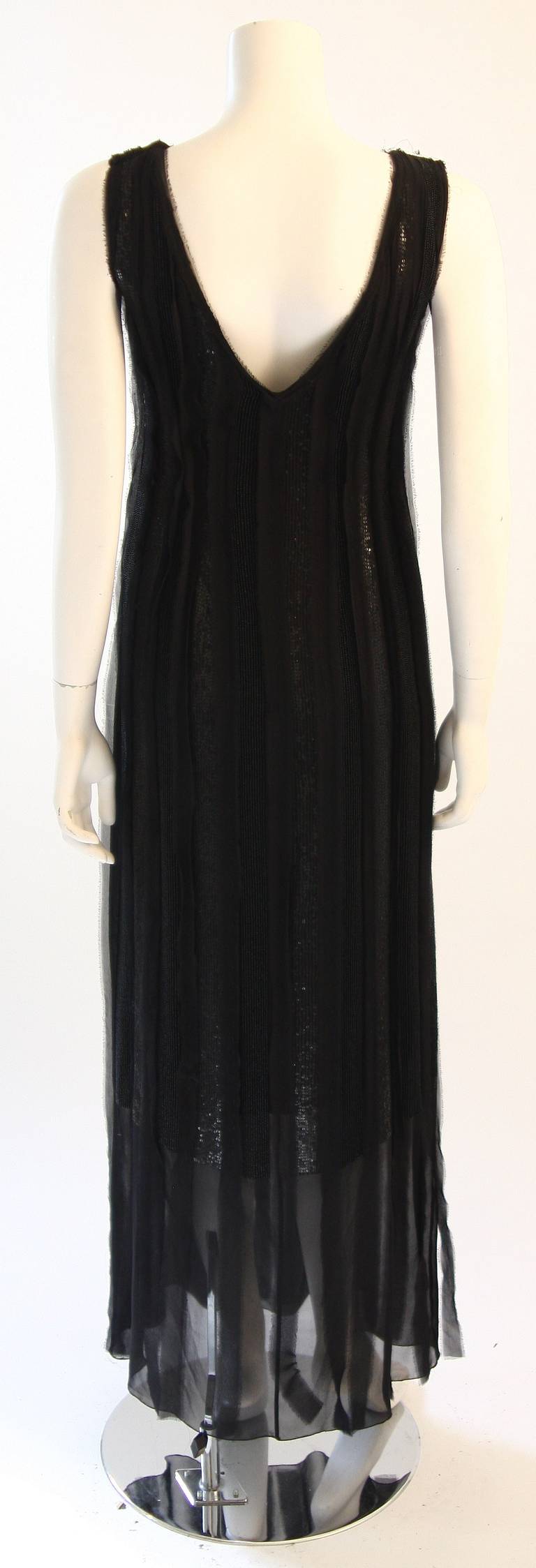Alberta Ferretti Black Beaded Silk Chiffon Understated Dress with Raw Finish 10 In Excellent Condition For Sale In Los Angeles, CA
