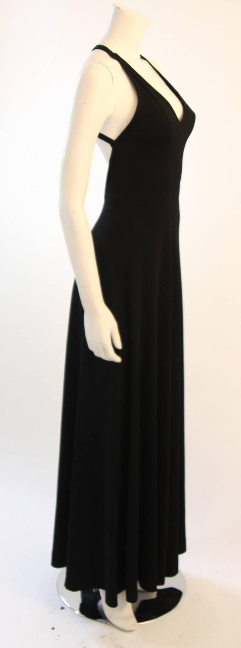 1970's Ruffinwear Black Jersey Racer Halter Maxi Dress In Excellent Condition For Sale In Los Angeles, CA
