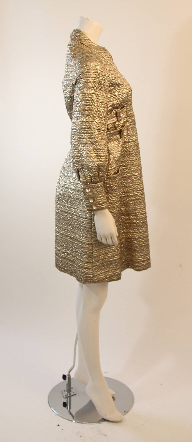 Malcolm Starr Metallic Gold Dress Coat with Rhinestone Buttons In Excellent Condition For Sale In Los Angeles, CA