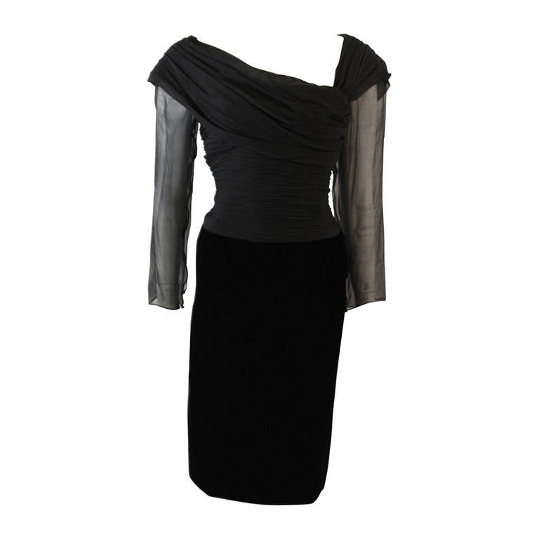 Oscar De La Renta Classic Draped Chiffon and Velvet Cocktail Dress Size 14  For Sale at 1stDibs | classic coctail dress