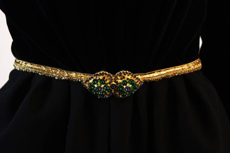 Black Oscar De La Renta Velvet Bodice Cocktail Dress with Gold and Emerald Detail For Sale