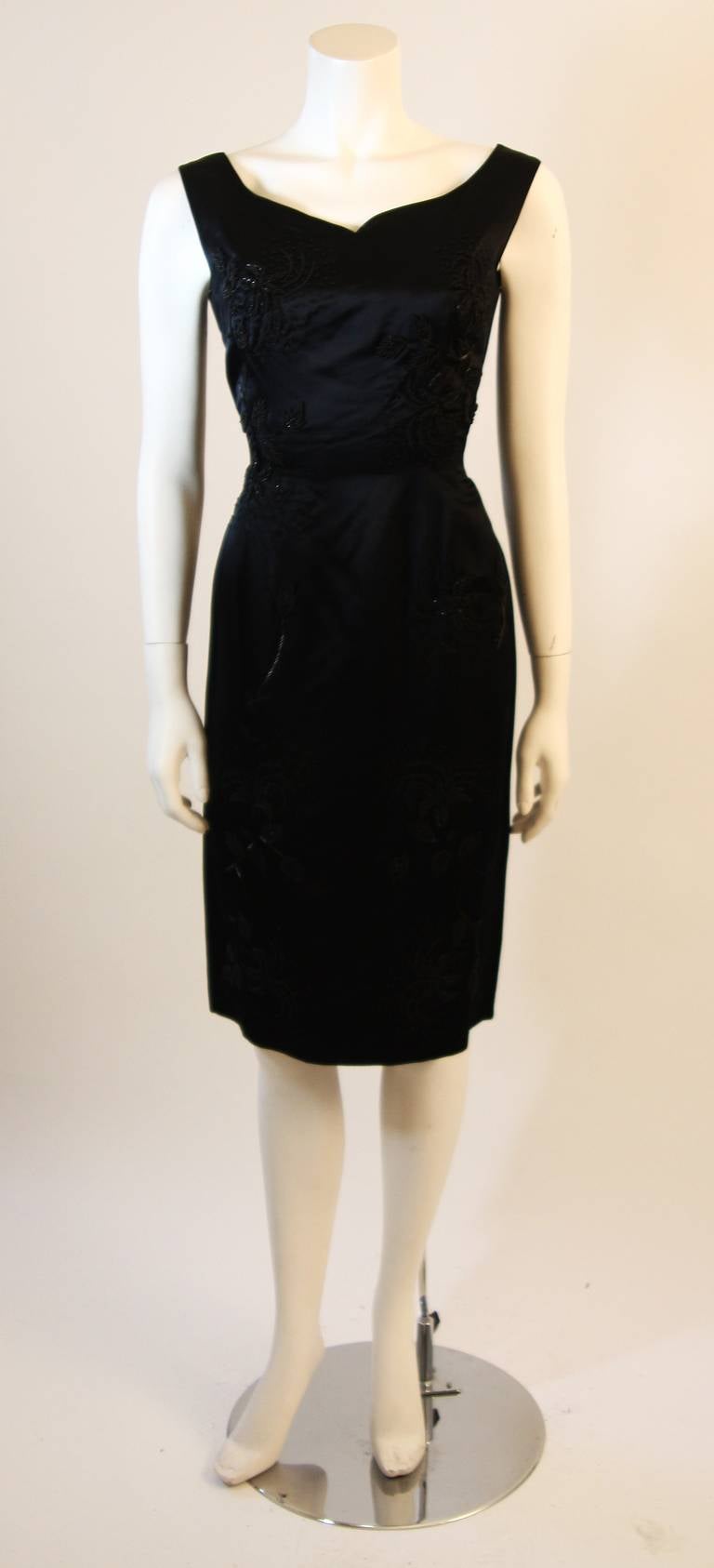 Women's 1950's Black Beaded Silk Ensemble Cocktail Dress and Opera Coat Size 6 For Sale