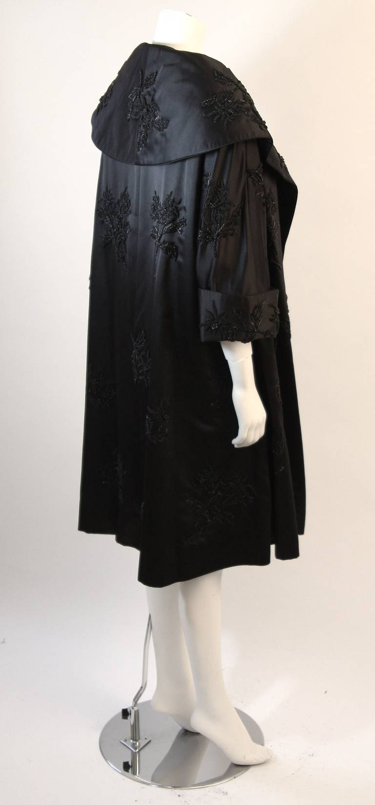 1950's Black Beaded Silk Ensemble Cocktail Dress and Opera Coat Size 6 For Sale 4