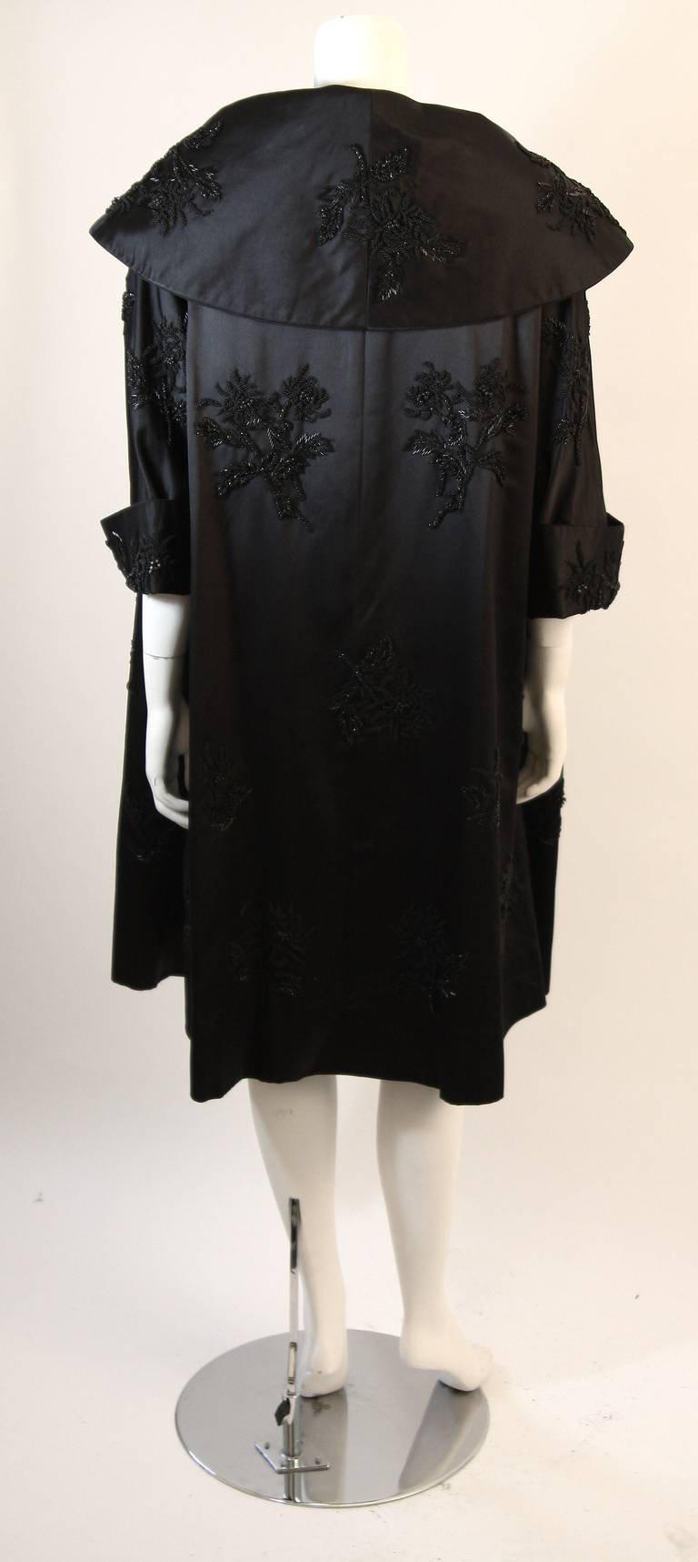 1950's Black Beaded Silk Ensemble Cocktail Dress and Opera Coat Size 6 For Sale 5