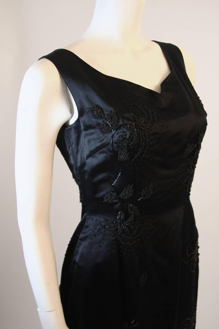 1950's Black Beaded Silk Ensemble Cocktail Dress and Opera Coat Size 6 For Sale 1