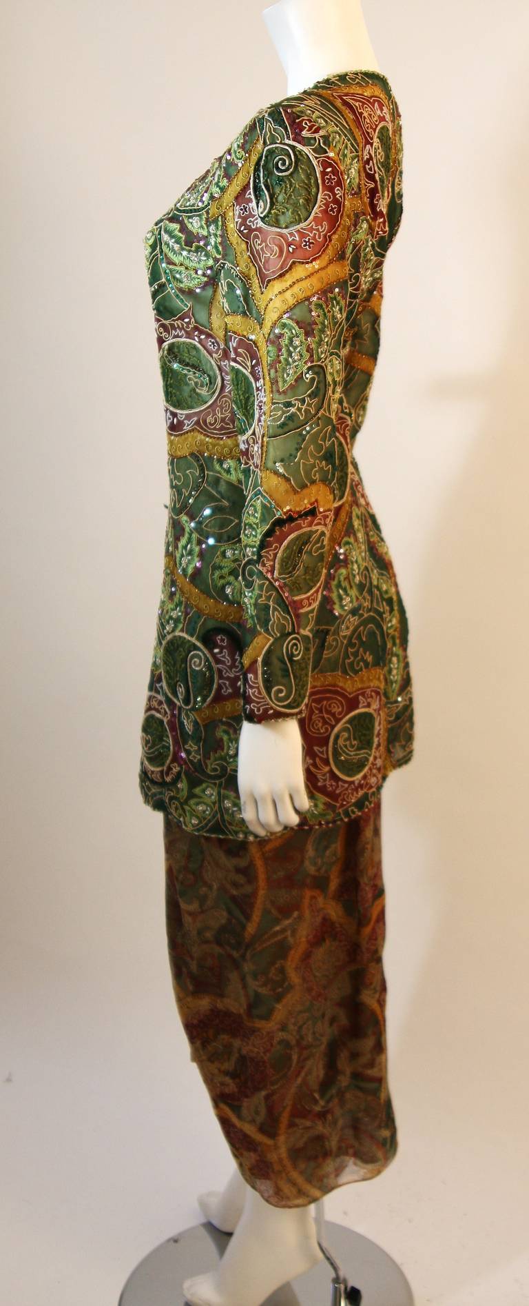 Brown Oscar De La Renta Beaded Evening Skirt Suit Size 12