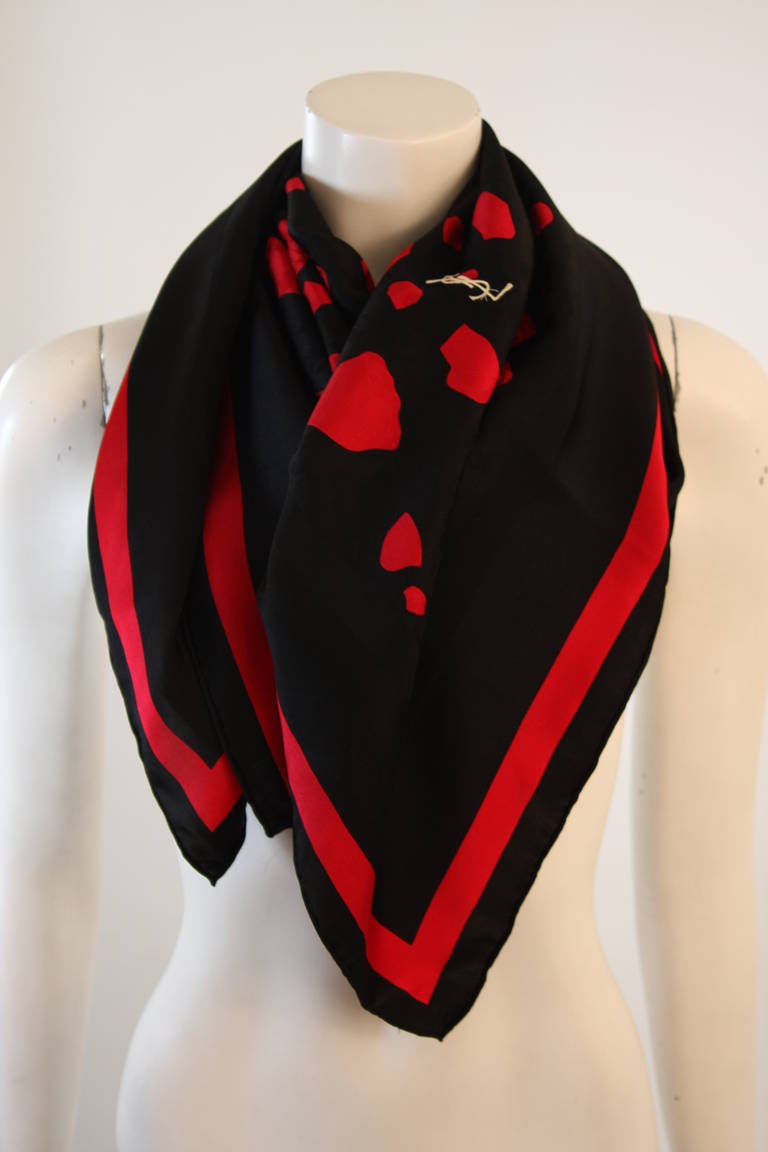 Yves St. Laurent Large Black and Red Silk Scarf In Excellent Condition In Los Angeles, CA