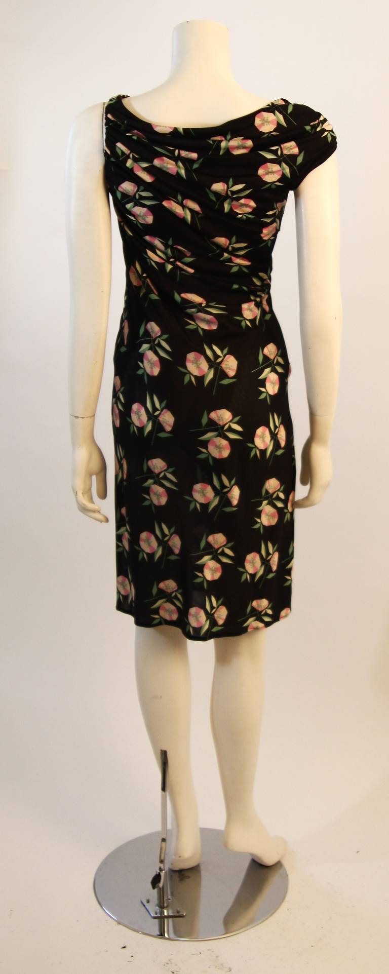 Gianni Versace Black with Pink Roses Ruched Silk Jersey Dress Size 40 ...