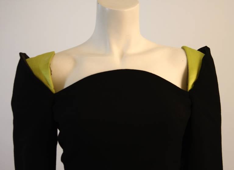 Women's Gianni Versace Black Cocktail Dress with Lime Green Silk cuff & shoulder detail