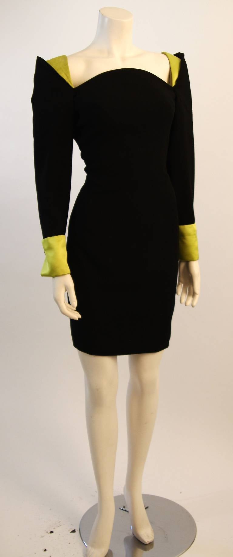 Gianni Versace Black Cocktail Dress with Lime Green Silk cuff & shoulder detail In Excellent Condition In Los Angeles, CA