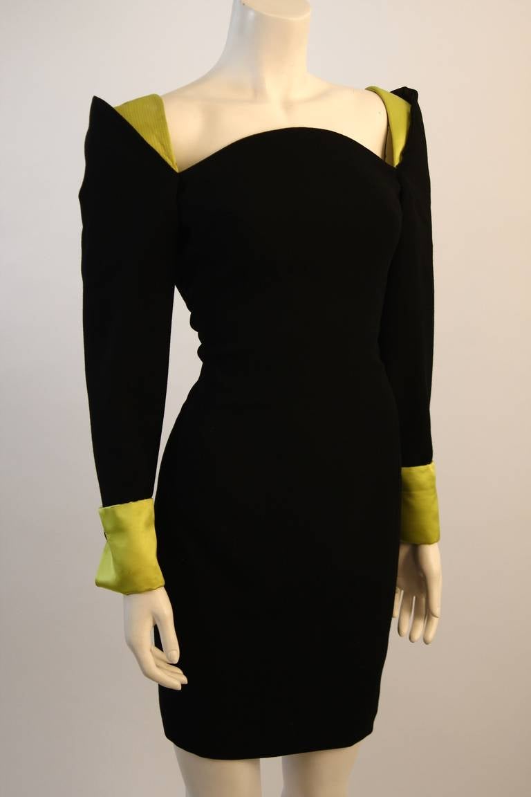 Gianni Versace Black Cocktail Dress with Lime Green Silk cuff & shoulder detail 1