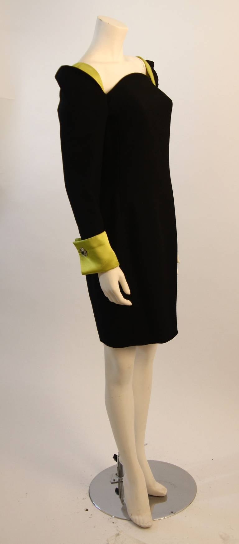 Gianni Versace Black Cocktail Dress with Lime Green Silk cuff & shoulder detail 2