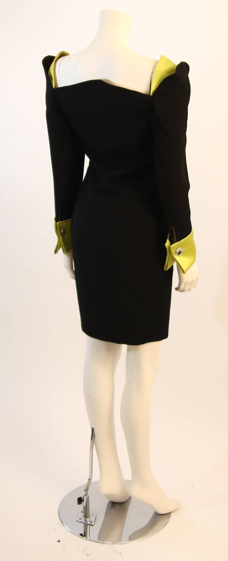 Gianni Versace Black Cocktail Dress with Lime Green Silk cuff & shoulder detail 5