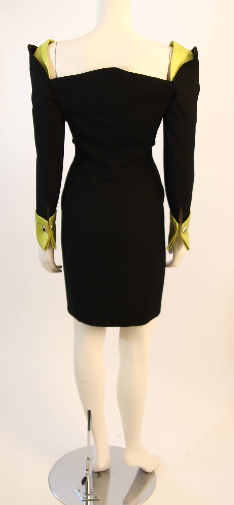 Gianni Versace Black Cocktail Dress with Lime Green Silk cuff & shoulder detail 4