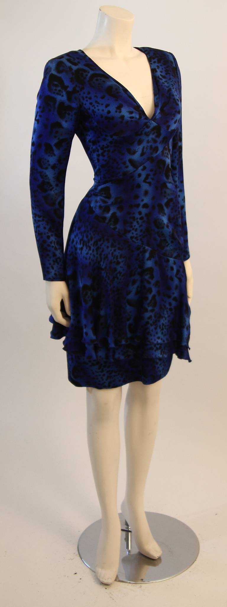 Emanuel Ungaro Rich Blue Abstract Animal Print Dress Size 8 In Excellent Condition In Los Angeles, CA