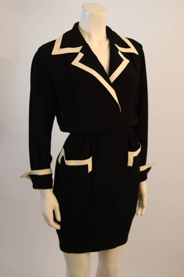 Black Fabulous Moschino Couture! Classic Pocket Dress with White Piping Detail Size 44
