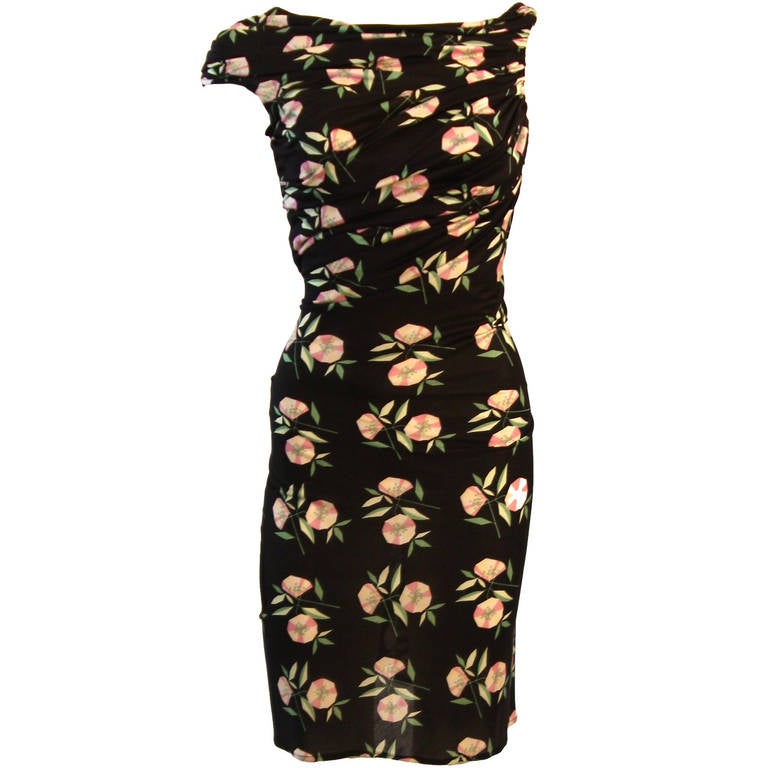 Gianni Versace Black with Pink Roses Ruched Silk Jersey Dress Size 40 For Sale